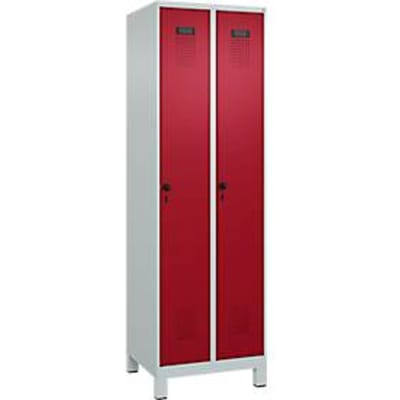 C+P Evolo Plus garderobekast, 2 vakken, 300 mm breed, met poten, veiligheidsdraaistang, B 600 x D 500 x H 1950 mm, lichtgrijs/ruy rood