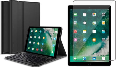 Hoes met toetsenbord geschikt voor iPad Pro 12.9 - Screen Protector GlassGuard - 2015 / 2017 - Keyboard Book Case Cover Hoesje Zwart & Screenprotector