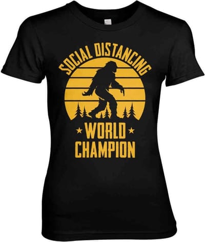 Dames Fun Tshirt -S- Social Distancing World Champion Zwart