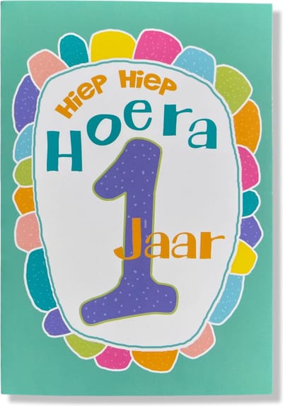 Hoera 1 Jaar! Luxe verjaardagskaart - 12x17cm - Gevouwen Wenskaart inclusief envelop - Leeftijdkaart