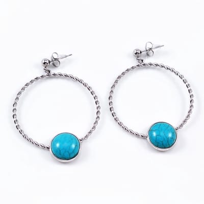 Turquoise Oorbellen Dames - Stalen Zilverkleur - Oorhangers - Natuursteen - Bungelende - Gedraaide