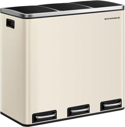 SONGMICS Prullenbak – Prullenbak 54 Liter – 3 vakken (3x18 Liter) – Vuilnisbak 54 Liter - Pedaalemmer 54 Liter – Beige Prullenbak Afvalscheiding – Afvalemmer – Afvalbak Keuken – Beige/ Crème (+ Gratis 15 Afvalzakken)