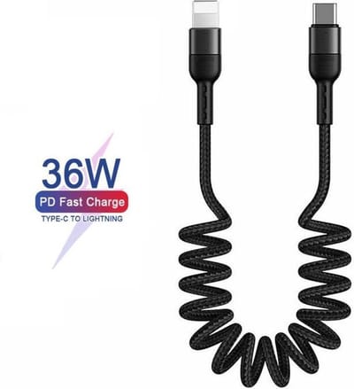 Usb kabel geschikt voor iPhone 14 13 12 11 - Lightning naar USB C kabel - Uitrekbaar tot 150 cm - Snellader - Krulsnoer / Spiraalkabel usb geschikt voor Apple CarPlay / Auto