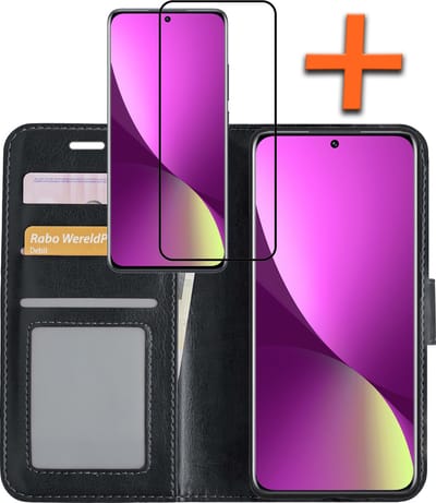 Hoes - Met Screenprotector - Geschikt voor Xiaomi 12 - Luxe Pasjeshouder - Bookcase Portemonee - Flip Case - Kunstleer Book Case - Flipcase - Book Cover - Walletcase - PortemonneeHoes - Zwart