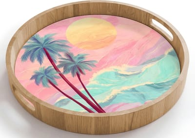 Dienblad rond 40x40 cm - Schootdienblad hout - Palmbomen - Golven - Zee - Borrelplank rechthoek - Plateau houten dienbladen