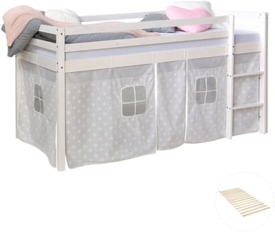Homestyle4u Hoogslaper - 90x200 cm - met lattenbodem - ladder - gordijn sterren - grijs