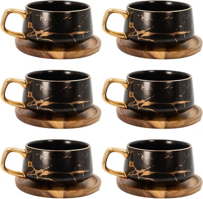 Intirilife 6x Kop keramiek met marmerdesign in Zwart - ongeveer 200 ml - Koffiemok, theemok met houten onderzetter Mok