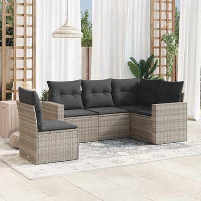 vidaXL - 5-delige - Loungeset - met - kussens - poly - rattan - lichtgrijs