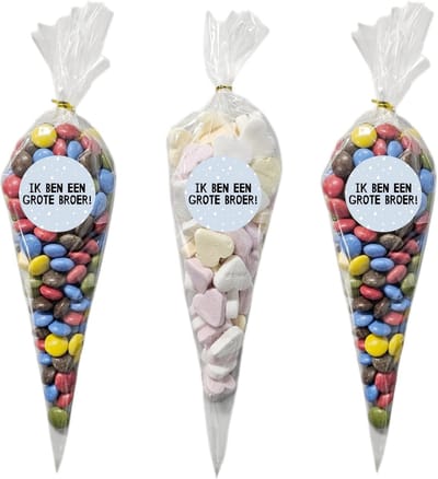50x Cellofaan Puntzakken 30x16 cm + 60 Stickers Ik Ben Een Grote Broer! - Puntzak Doorzichtig - Traktatie Zak - Snoepzak - Inclusief Sluitstrips - 16x30 cm - 50 Stuks