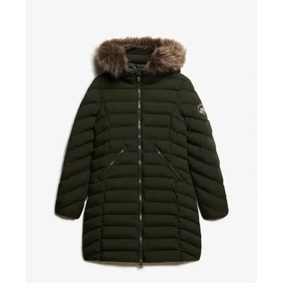 Superdry - Halflange Fuji-pufferjas met capuchon met imitatiebont - Dames - Gewatteerde jassen