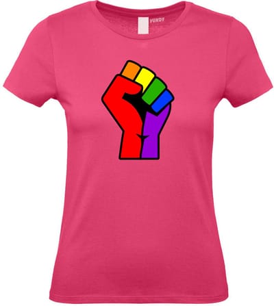 Dames T-shirt Regenboog Vuist | Gay pride shirt kleding | Regenboog kleuren | LGBTQ | Roze dames | maat XS