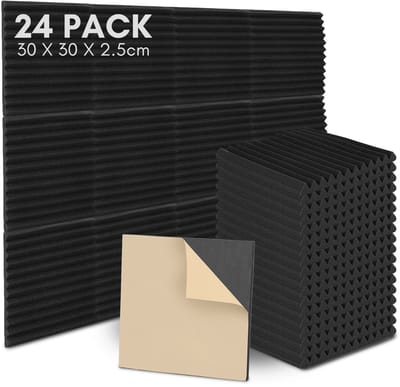 Zelfklevend akoestisch schuim zwart 24 stuks - piramide 30x30x2.5 cm - voor studio en kantoor