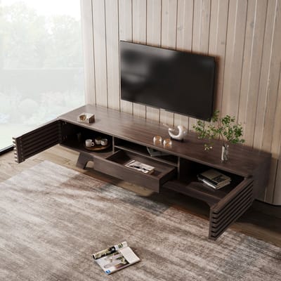 DESMIU Tv Meubel - Met Lade En 2 Deuren - Open Vakken Voor Woonkamer En Mediaopslag - Spaanplaat - 150x35x44 Cm - Naturel