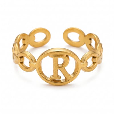 Lundholm Quincy R Ring Dames Goudkleurig – Premium Stainless Steel Jewellery Gold PVD Plated – Verstelbare Ring met Letter R Naam Ring Cadeau Vrouw – One Size – my Scandinavisch Design