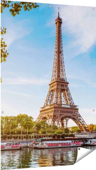 Gards Tuinposter Eiffeltoren in Parijs aan het Water - 100x150 cm - Tuindoek - Tuindecoratie - Wanddecoratie buiten - Tuinschilderij