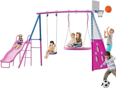 Schommelset met Glijbaan - Speeltoestel Buiten - Kinderen Spelen - 5-in-1 Functies - 172D x 31.5B x 190H cm - Roze