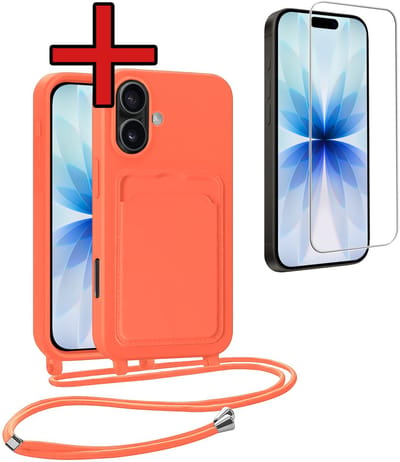 Hoesje Geschikt voor iPhone 17 Hoesje Met Telefoonkoord en Pasjeshouder Met Screenprotector Siliconen - Hoes Geschikt voor iPhone 17 Hoesje Met Kaarthouder Case - Papaya