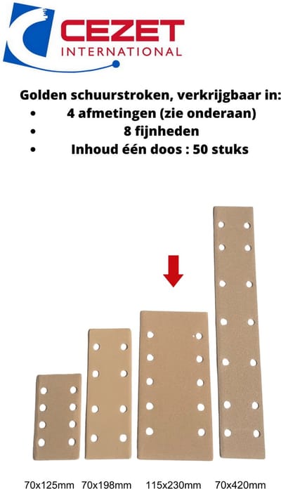 CEZET Golden schuurpapier strook - grit 180 - 115x230 mm - 10 gaten - 50 stuks - schuren auto, boot enz.