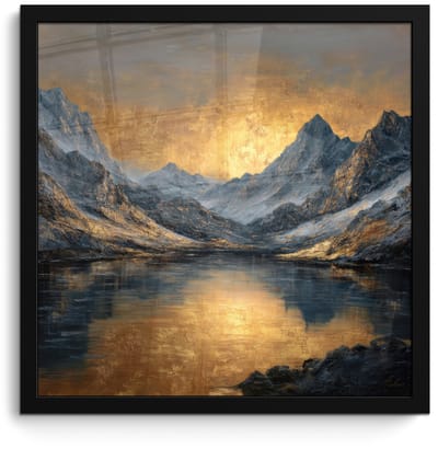 Poster in lijst - Fotolijst 40x40 cm - Posters - Berglandschap met Gouden Zonsondergang - Posterlijst zwart - Decoratie - Wanddecoratie woonkamer - Muurdecoratie slaapkamer
