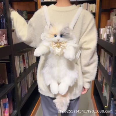 Nouveau Sac à Dos Chat Trois Fleurs Super Réaliste Fait Main Chat Mignon Poupée en Peluche Sac de Shopping Rangement de Voyage Sac de Maquillage Cadeau