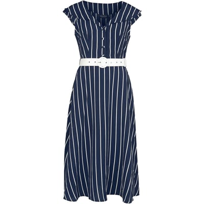 Voodoo Vixen - Rockabilly Midi-jurk - Stripe Wide Collar Midi Flare Dress - XS tot 4XL - voor Vrouwen - blauw-wit