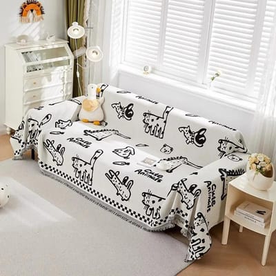 Housse de canapé double face en chenille Housse de canapé toutes saisons Couverture de canapé Serviette de canapé Animaux de dessin animé Housse de canapé anti-griffes de chat 130x180cm white