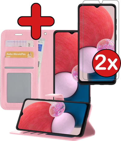 Hoesje - Met 2x Screenprotector - Geschikt voor Samsung Galaxy A13 4G - Luxe Pasjeshouder - Flip Case - Bookcase Portemonee - Kunstleer Book Case - Flipcase Hoes - Book Cover - Walletcase - Portemonneehoes - Telefoonhoes - Lichtroze