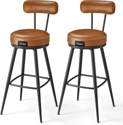 Furnstar - Barkruk set van 2 - 360° draaibare barkruk - Kruk met rugleuning voor bartafel - Kunstleer met naden - Mid-Century moderne stijl - 76 cm hoog - Keuken huisbar - Karamelbruin