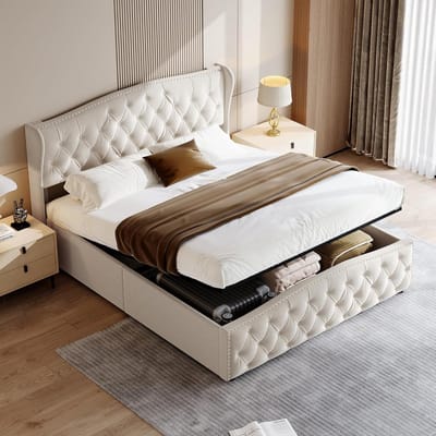 Hydraulisch Opklapbed met Opbergruimte en Lattenbodem, 140x200 cm, Gestoffeerd Tweepersoonsbed met Hoofdeinde, Beige