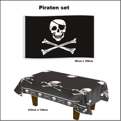 Piraten set - Vlag piraat doodshoofd 90cm x 150cm + Tafelkleed piraat doodshoofd 270cm x 136cm - Thema feest piraten festival diner