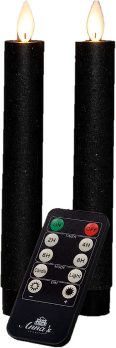 Anna's Collection LED dinerkaarsen - 2x st - zwart - 18 cm - met afstandsbediening
