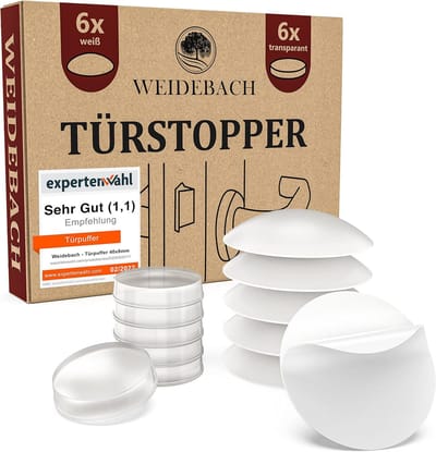 WEIDEBACH® Deurstopper Set – 12 stuks – Wit & Transparant – Zelfklevende Elastische Deurpuffers – Ø20x5 mm & Ø40x8 mm – Voor Wanden, Meubels & Glas