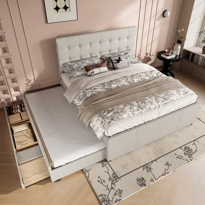 Sweiko Gestoffeerd bed, Tweepersoonsbed, Familiebed, Tweepersoonsbed met 3 lades, Uitschuifbaar bed, Verstelbaar hoofdeinde, Beige, 140x200cm