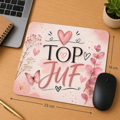 Muismat Top Juf – 23 x 19 cm – Cadeau voor Juf – Juffendag Cadeau – Einde Schooljaar – Roze Bloemen en Vlinder Design