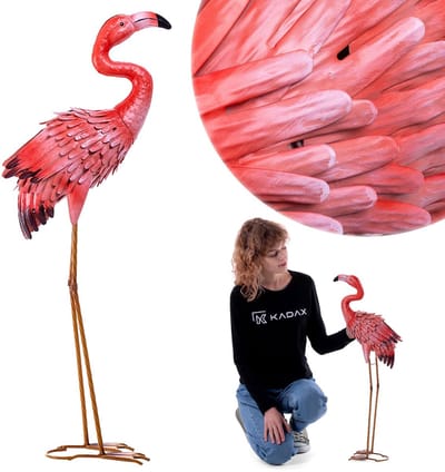 KADAX Flamingo-beeld 76 cm, groot tuinbeeld van gepoedercoat staal, decoratief vijverbeeld, metalen beeld als tuindecoratie voor tuin en vijver, tuinbeeld