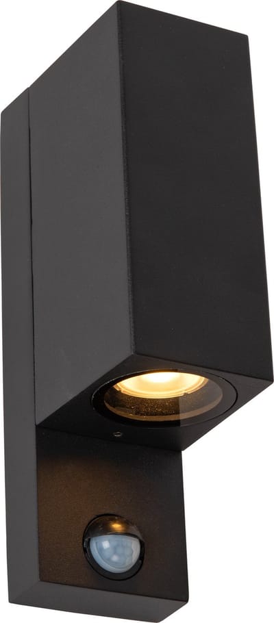 Lucide ZARO - Wandspot / Wandlamp Binnen/Buiten - 2xGU10 - IP65 - Beweging & dag/nacht sensor (uitschakelbaar) - Zwart