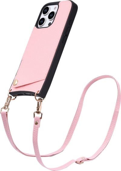 CaseBoutique Backcase hoesje geschikt voor iPhone 16 Pro - Effen Roze - Kunstleer - met Crossbody Koord & Pashouder