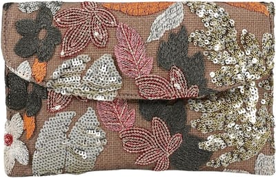 Elegante Avond Clutch met Bloemenborduurwerk en Pailletten voor Bruiloft en Feestjes, Bruine Schoudertas met Parels