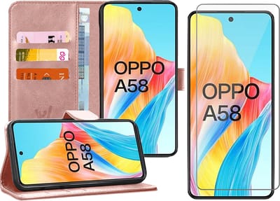 Hoesje geschikt voor Oppo A58 4G - Screenprotector Glas - Portemonnee Book Case Rosegoud