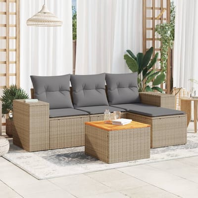 vidaXL - 5-delige - Loungeset - met - kussens - poly - rattan - beige