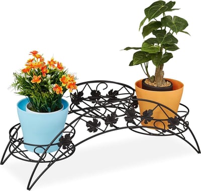 Famanu – Plantenrek met 3 bloempothouders, plantentrap van ijzer voor binnen en buiten, antiek, afmetingen 21x55x19 cm, zwart