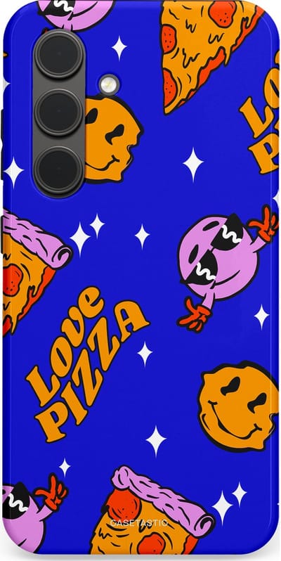 Casetastic hoesje geschikt voor Samsung Galaxy S24 - Dubbellaagse bescherming - Funky Pizza - Fashion Case - Paars Okergeel Donkerblauw Bruin