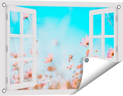 Gards Tuinposter Doorkijk Paarse Kosmos Bloemen - 60x40 cm - Tuindoek - Tuindecoratie - Wanddecoratie buiten - Tuinschilderij