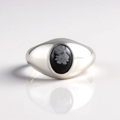 Cavill - Zilveren Ring - 925 Sterling Zilver - Ovale Sneeuwvlokken Obsidiaan 0 999 ct - Handgemaakt Elegant Organisch Design 21x19 mm