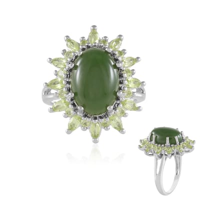Cavill - Verstelbare Ring 925 Sterling Zilver - Luxe Zilver Verguld - Ovale Canadese Jade 5,85 ct & Peridot 1,53 ct - Groene Edelstenen Sieraad