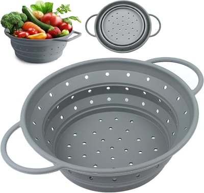 Vouwbare Siliconen Pastascheider met Handvatten, Multifunctionele Keukenfilter voor Pasta, Fruit en Groenten, 21.5cm (Grijs)