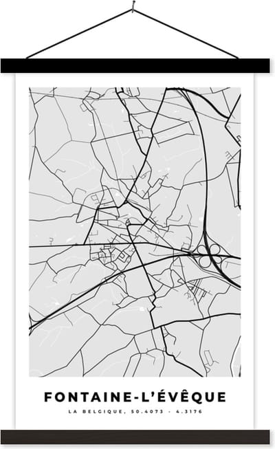 Posterhanger incl. Poster 40x60 cm - Schoolplaat - Stadskaart – Zwart Wit - Kaart – Fontaine l'Évêque – België – Plattegrond - Textielposter - Zwarte latten - Stadskaart