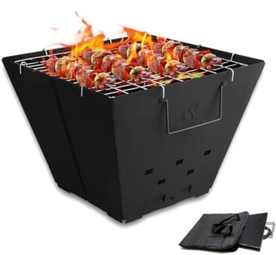 Draagbare Inklapbare Vuurkorf voor Kamperen met Grill, IJzeren Kom en Draagtas - Zwart