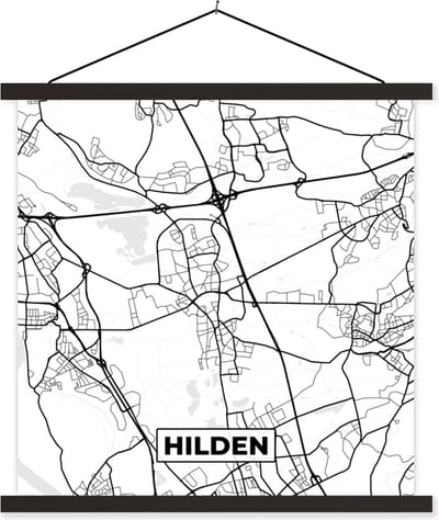 Posterhanger incl. Poster 60x60 cm - Schoolplaat - Plattegrond - Hilden - Kaart - Stadskaart - Textielposter - Zwarte latten - Stadskaart