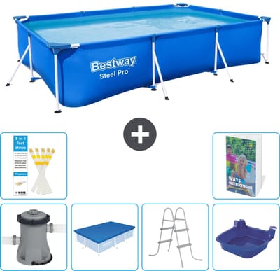 Bestway Rechthoekig Steel Pro Zwembad - 300 x 201 x 66 cm - Blauw - Inclusief Pomp Afdekzeil - Ladder - Voetenbad - 7-delig